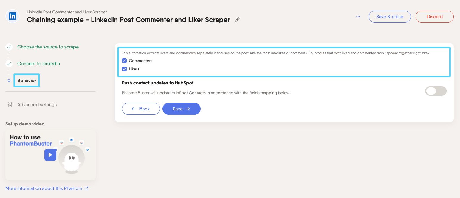 PhantomBuster Behavior step with options to extract leads who commented or liked a LinkedIn company post