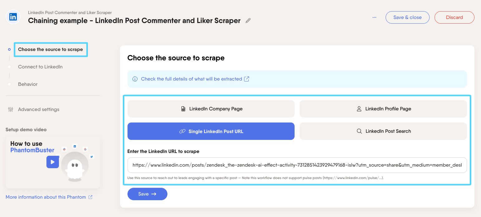 PhantomBuster LinkedIn Post Commenter and Liker Scraper setup with a company post URL pasted as input