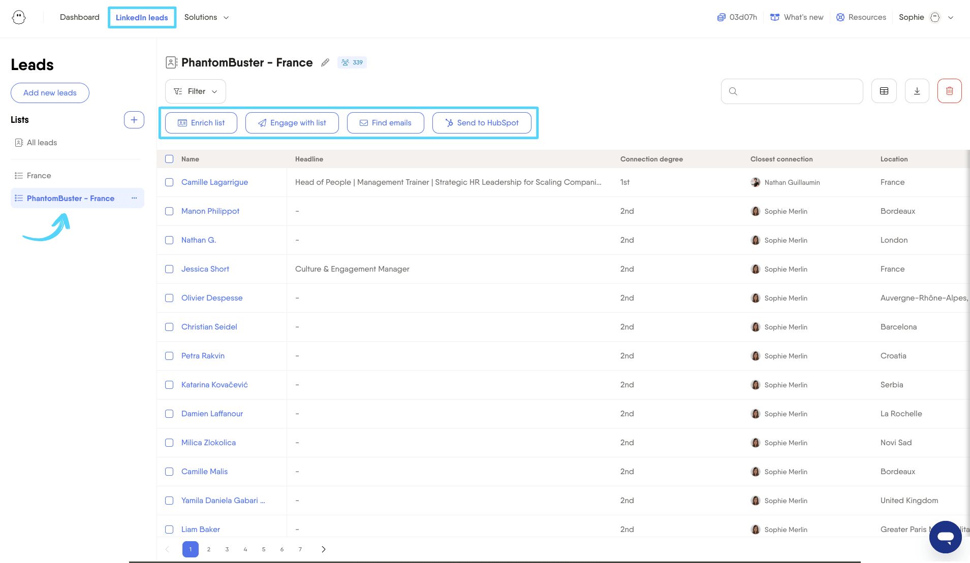 Quick action buttons at the top of a LinkedIn Leads custom list in PhantomBuster