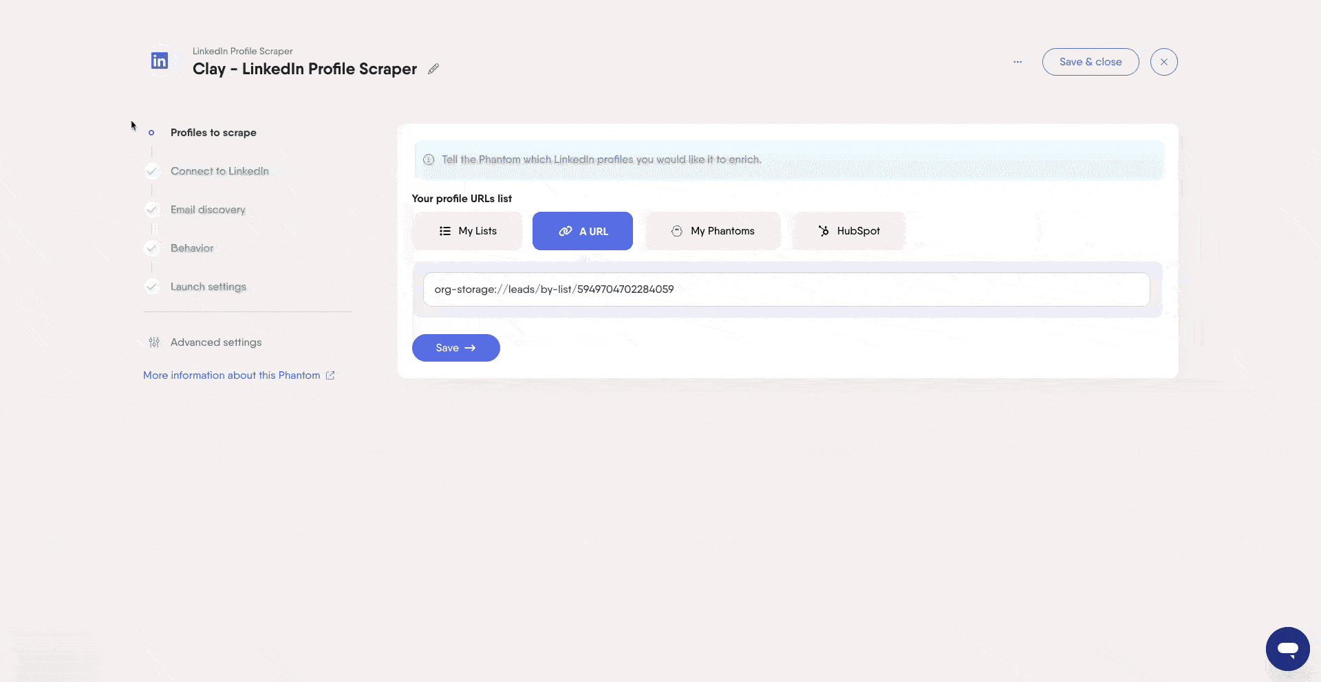 Clay + PB - Add webhook URL from Clay in Phantom Adv settings.gif