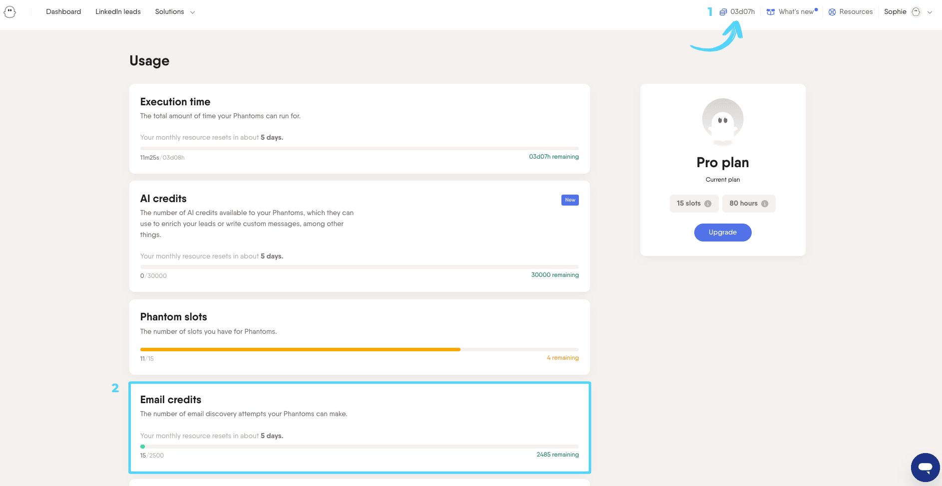 PhantomBuster usage page showing remaining email discovery credits
