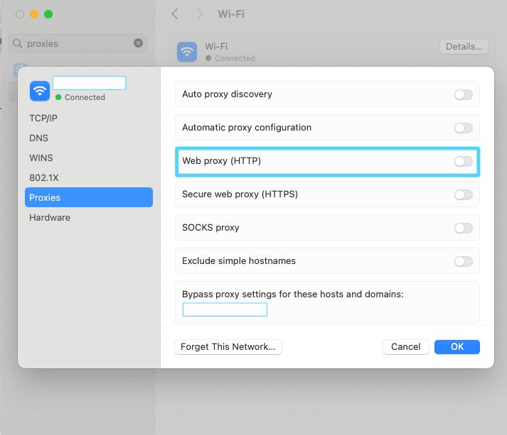 Mac proxy settings showing the Web proxy HTTP toggle enabled