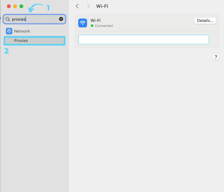 Mac System Settings showing how to search for and select Proxies under active network