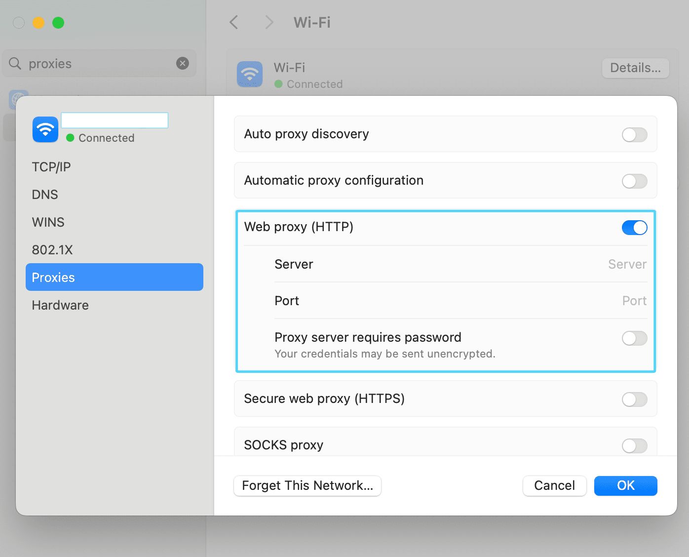 Mac proxy settings showing fields for proxy server address, port, username, and password