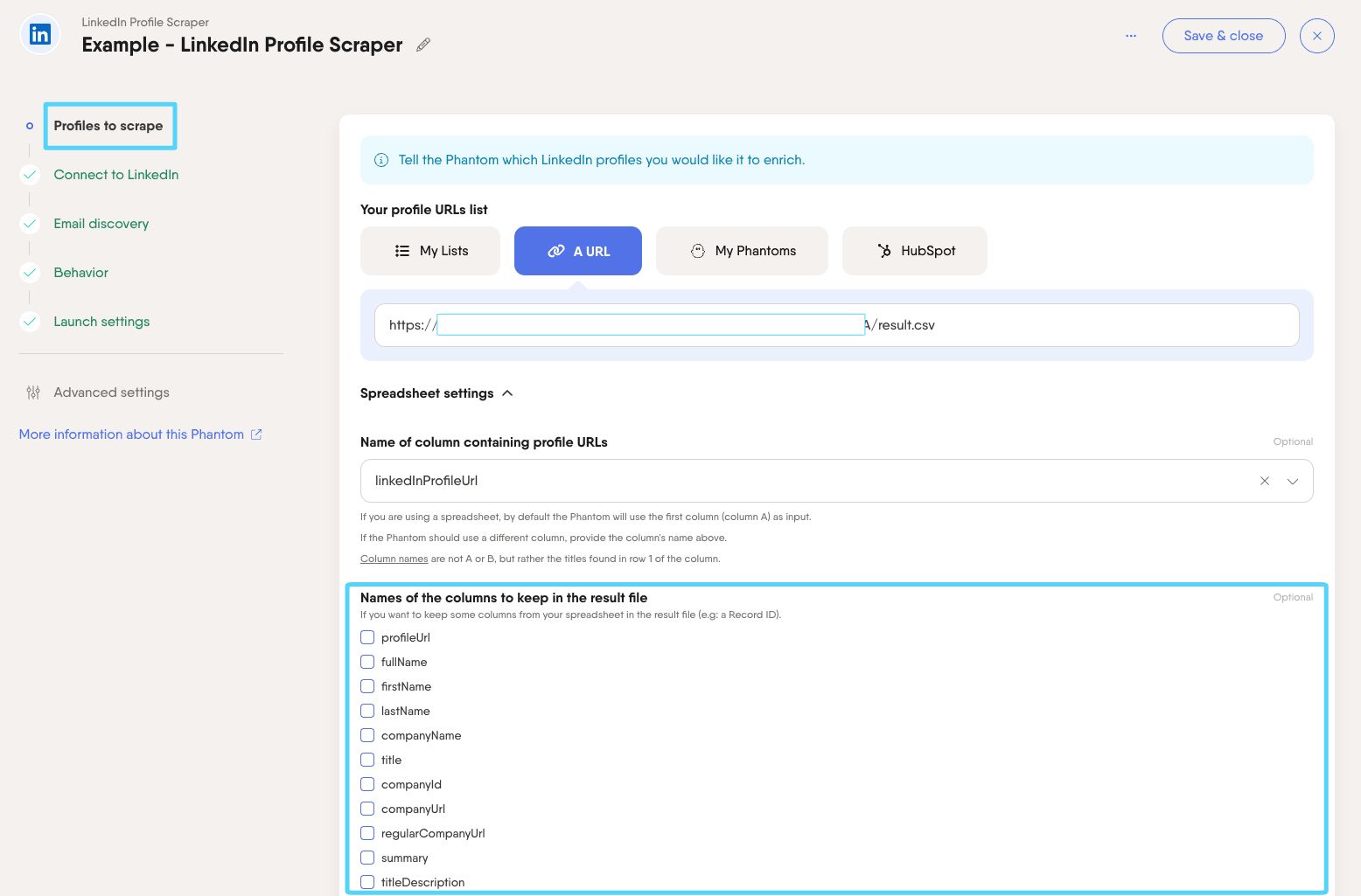 PhantomBuster LinkedIn Profile Scraper setup showing the Names of the columns to keep in the result file checkboxes