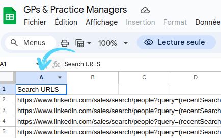 Google Sheet showing a column of LinkedIn search URLs used as Phantom input