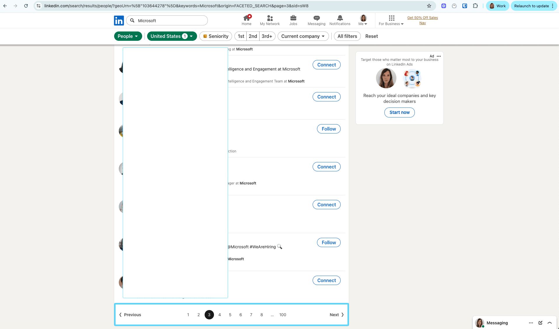 LinkedIn search results page with pagination controls at the bottom to select a specific page