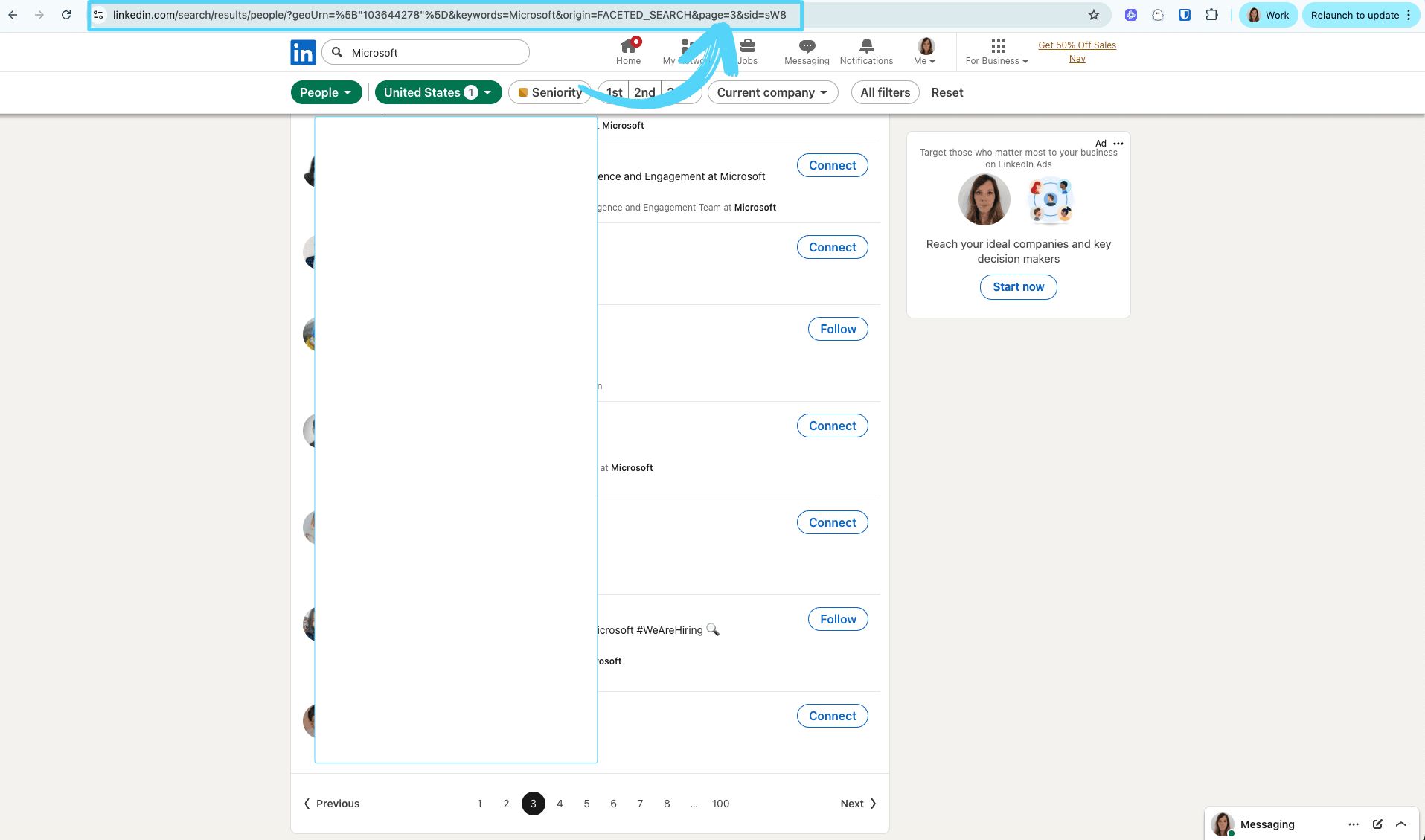 LinkedIn search URL with page parameter changed to start from page 3