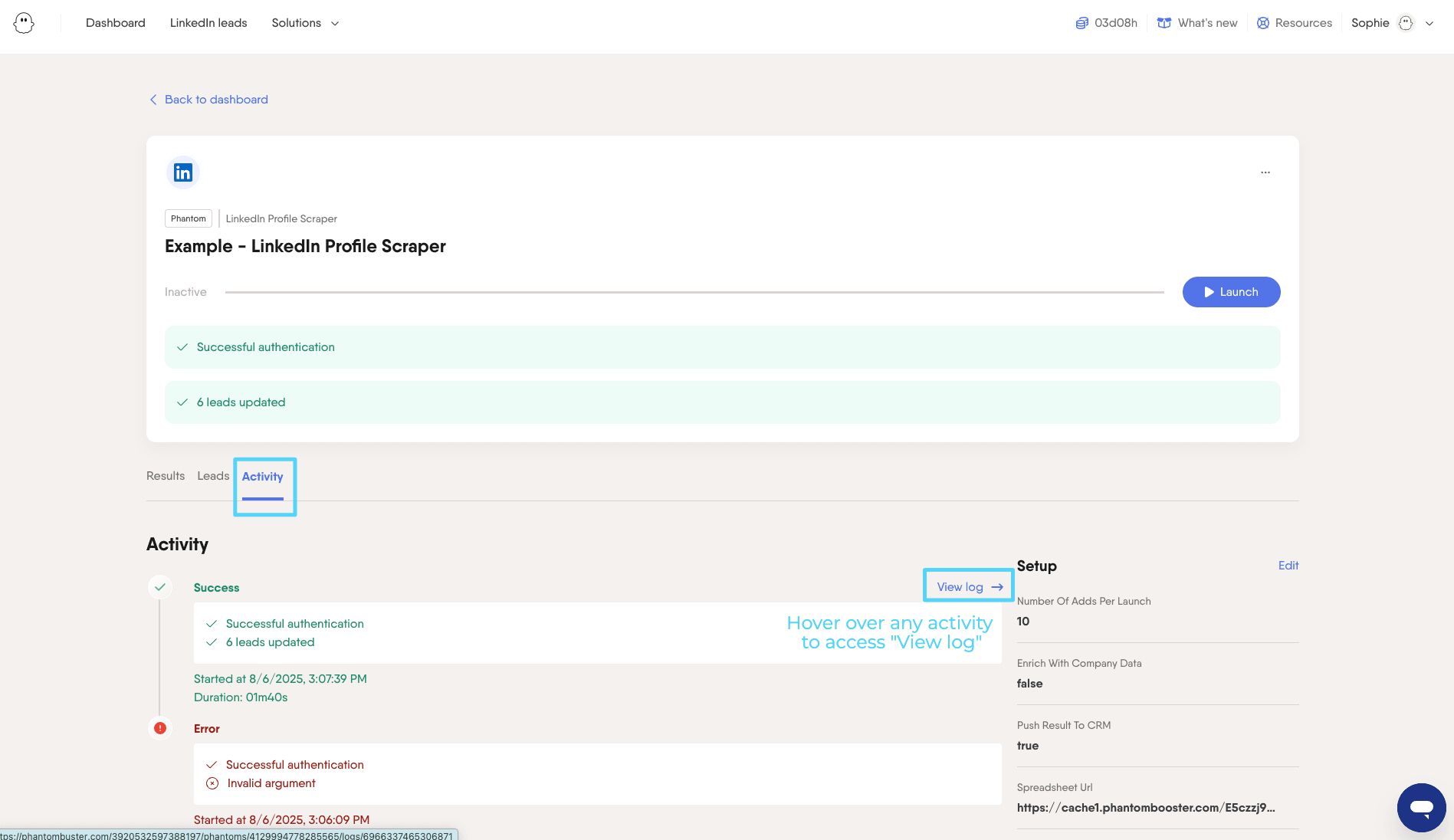 PhantomBuster Phantom console Activity tab showing the View logs option on a run