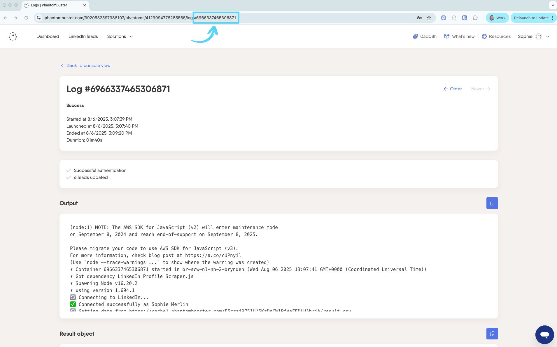 PhantomBuster log page URL showing the Container ID at the end of the link