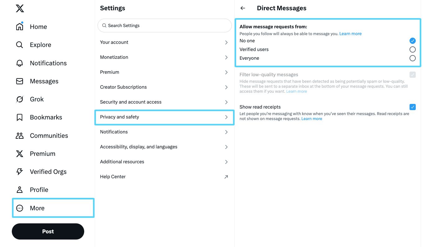 X/Twitter Direct Message privacy settings showing the options for who can send you direct messages