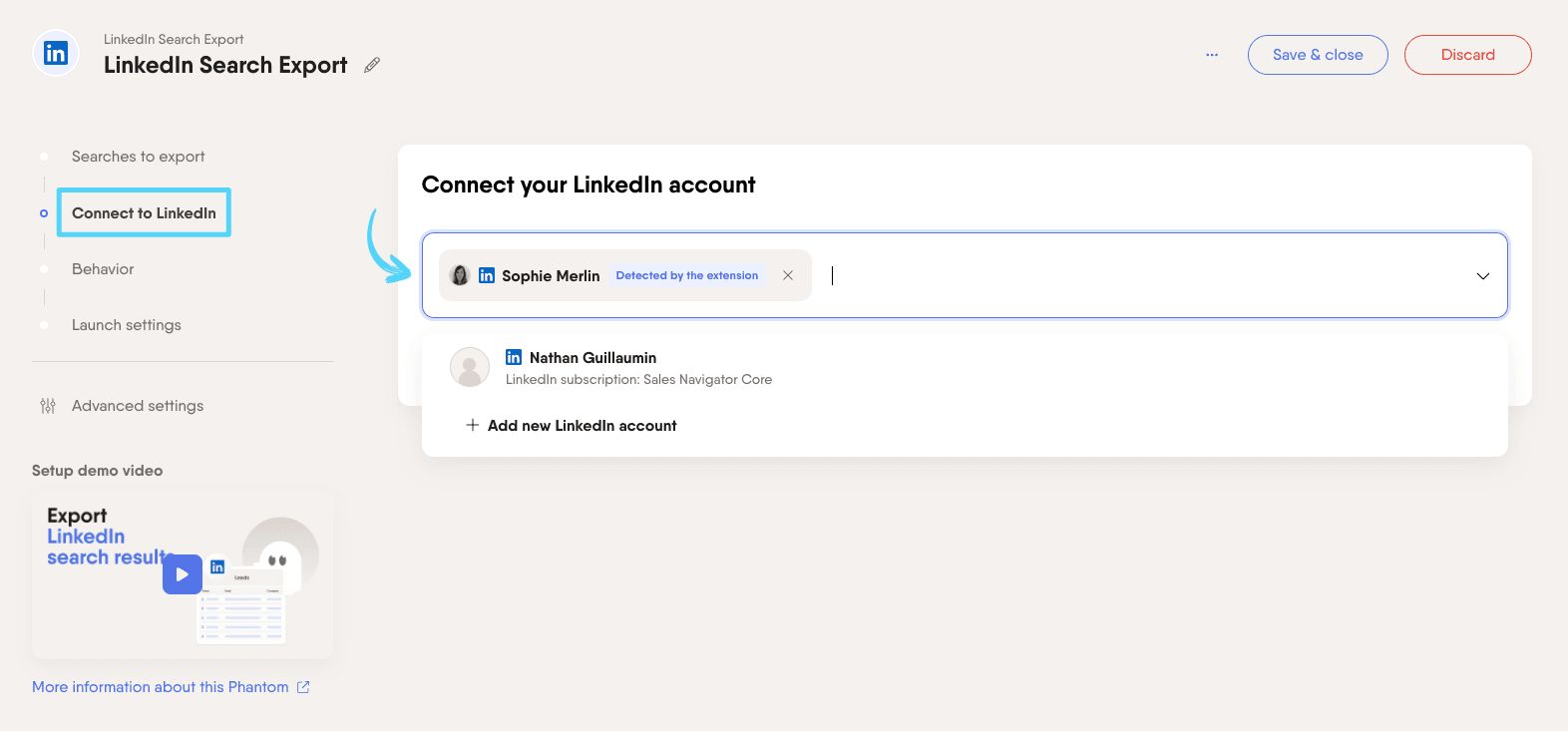 PhantomBuster LinkedIn Search Export step 2 connecting your LinkedIn account