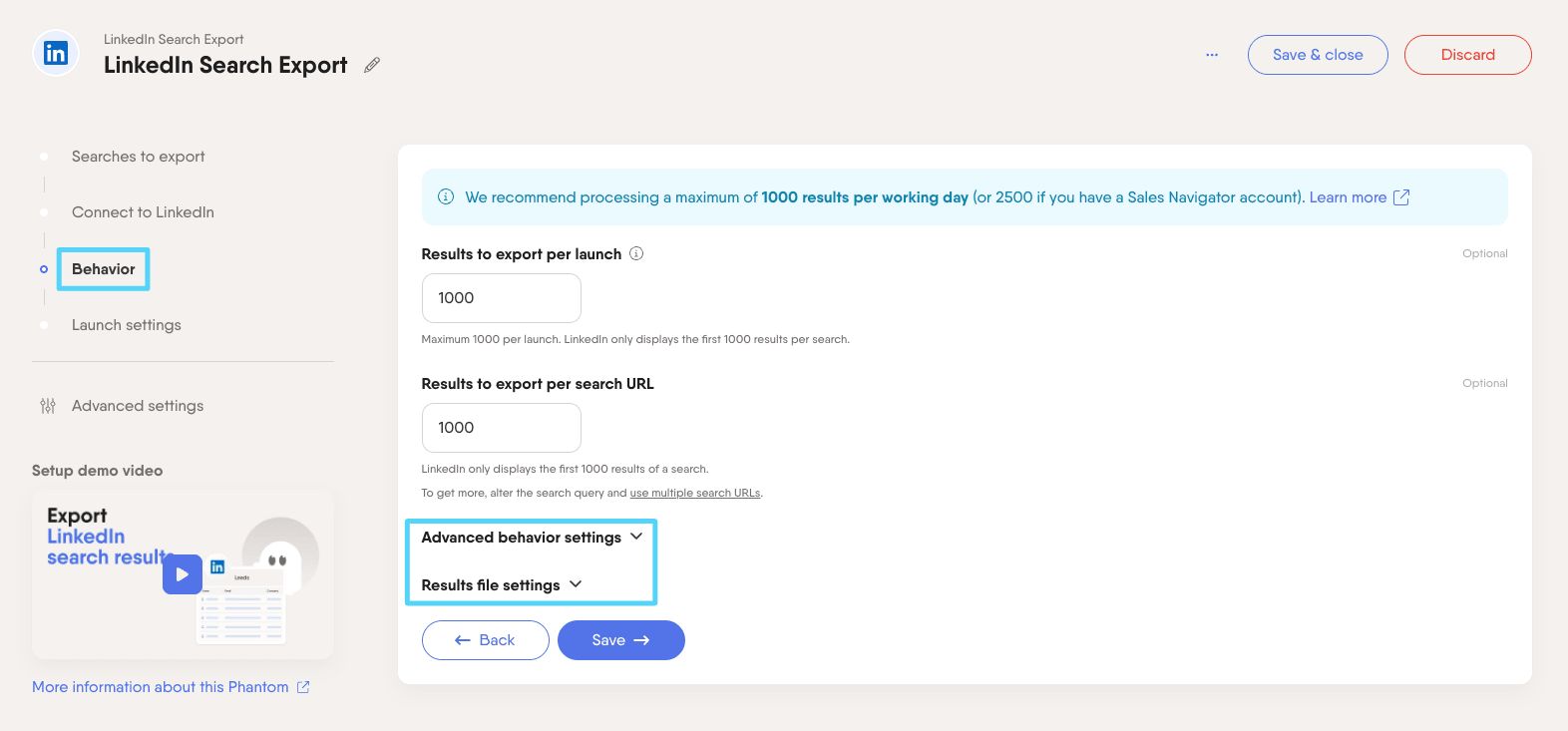 PhantomBuster LinkedIn Search Export step 3 configuring your export settings