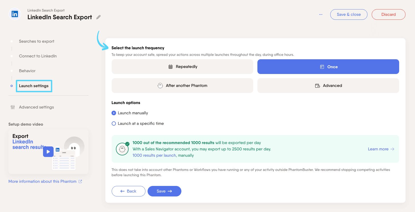 PhantomBuster LinkedIn Search Export step 4 selecting launch frequency