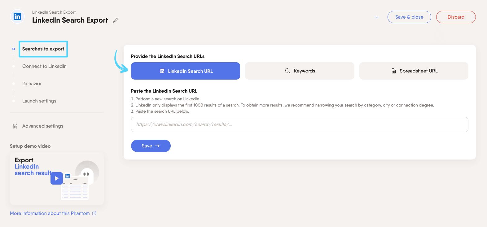 PhantomBuster LinkedIn Search Export step 1 providing the searches you want to export
