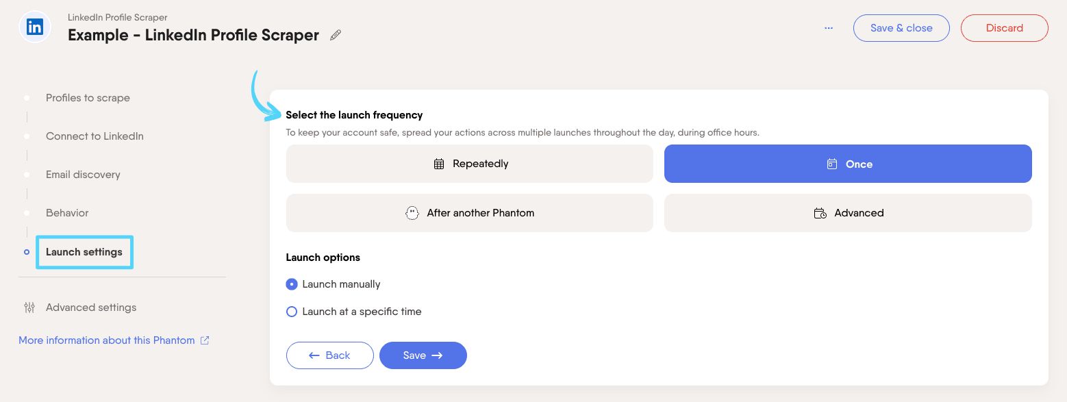 PhantomBuster LinkedIn Profile Scraper step 5 selecting launch frequency