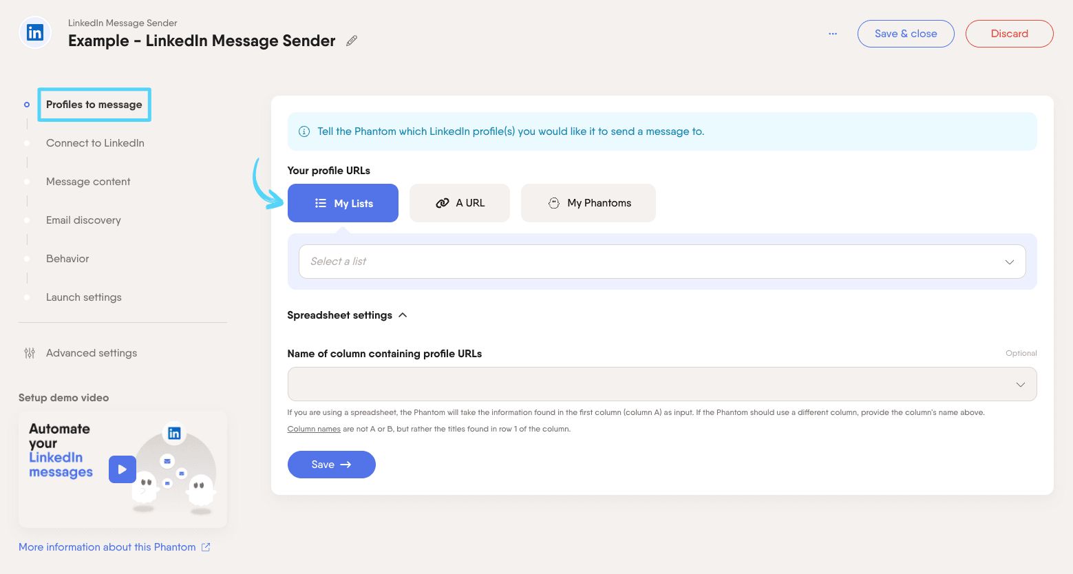 PhantomBuster LinkedIn Message Sender step 1 choosing which LinkedIn profiles to message