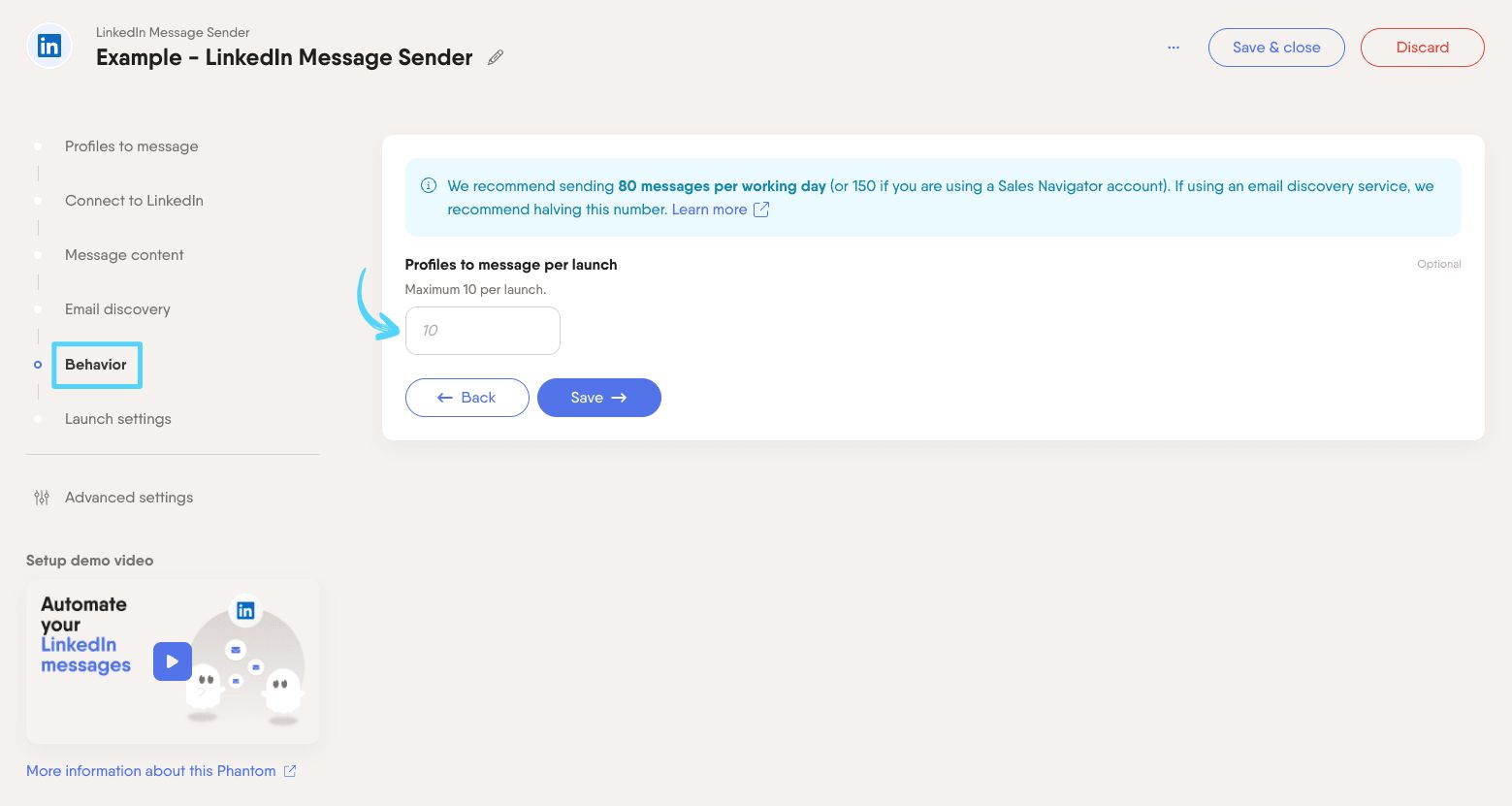 PhantomBuster LinkedIn Message Sender step 5 configuring Phantom behavior