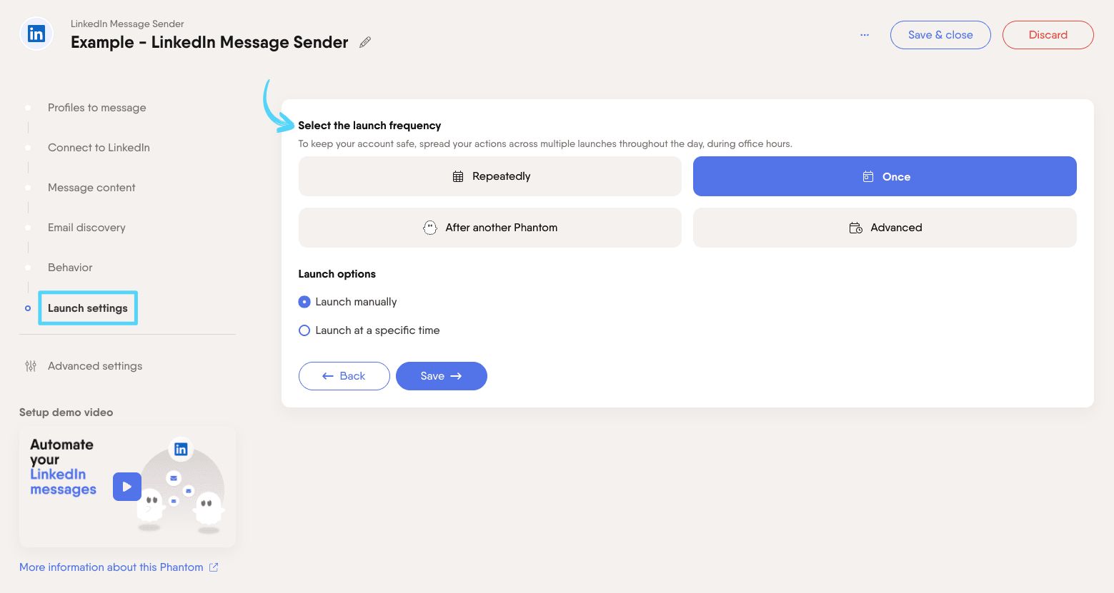 PhantomBuster LinkedIn Message Sender step 6 selecting launch frequency