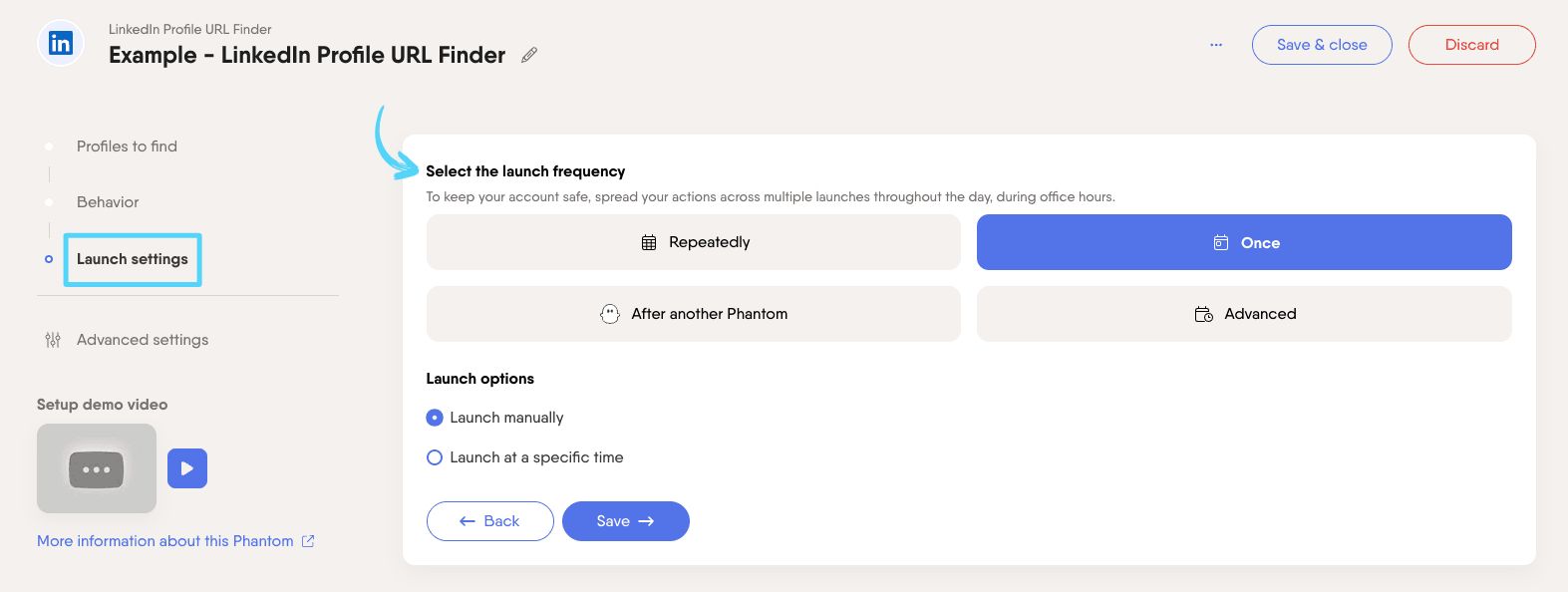 PhantomBuster LinkedIn Profile URL Finder step 3 selecting launch frequency