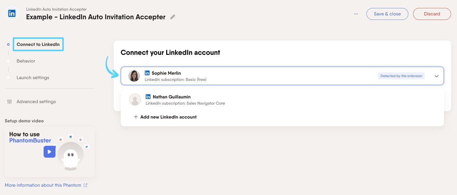 PhantomBuster LinkedIn Auto Invitation Accepter step 1 connecting your LinkedIn account