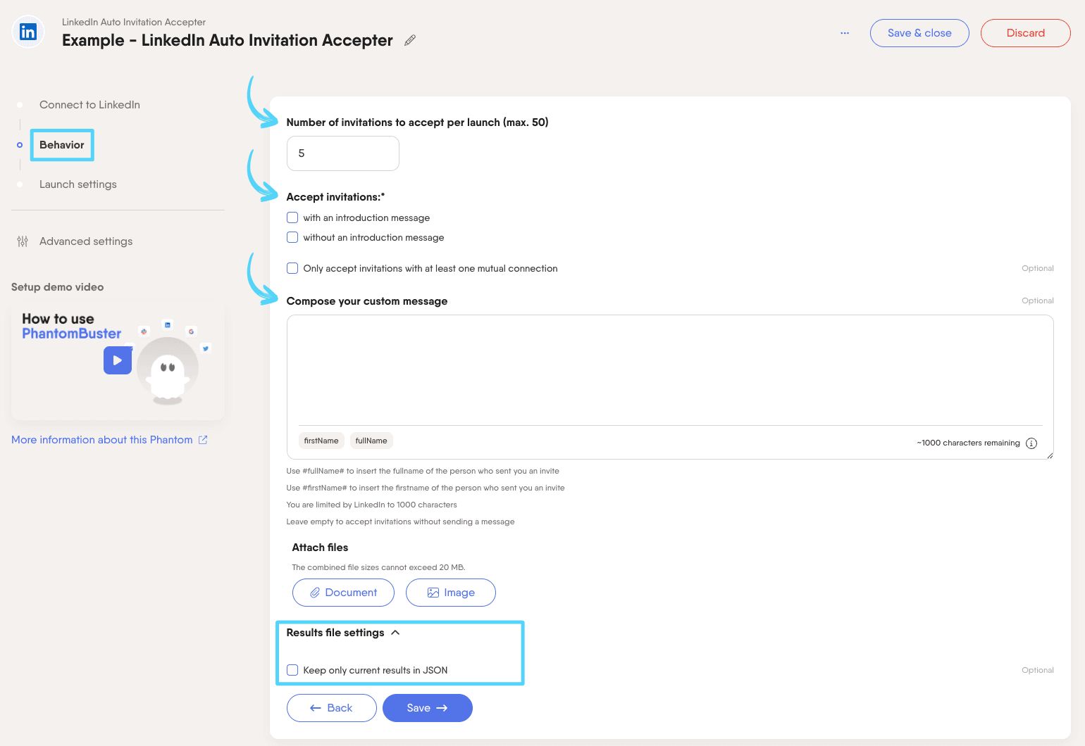 PhantomBuster LinkedIn Auto Invitation Accepter step 2 configuring invitation acceptance
