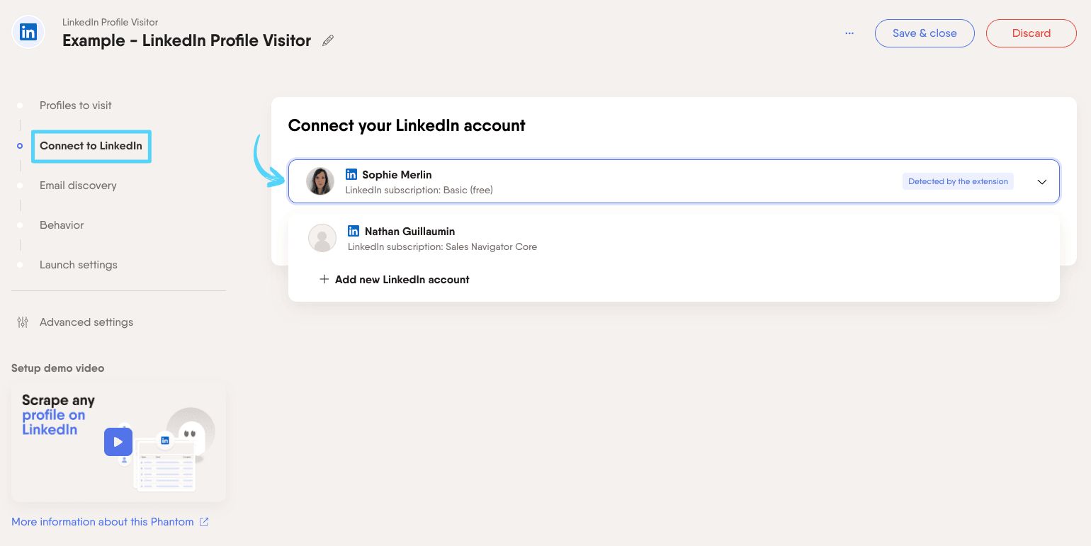 PhantomBuster LinkedIn Profile Visitor step 2 connecting your LinkedIn account