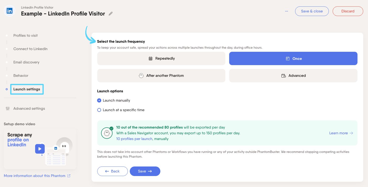 PhantomBuster LinkedIn Profile Visitor step 5 selecting launch frequency