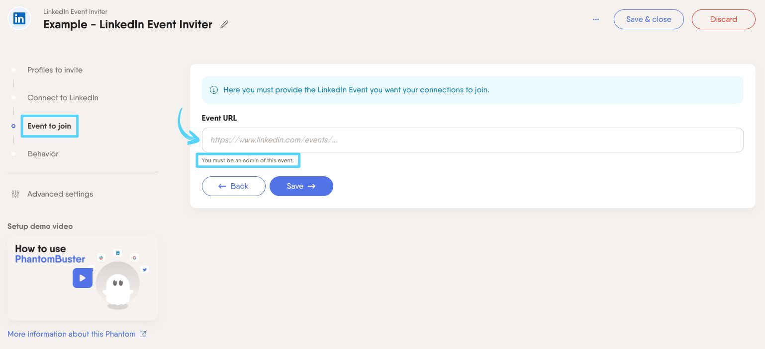 PhantomBuster LinkedIn Event Inviter step 3 providing your event URL