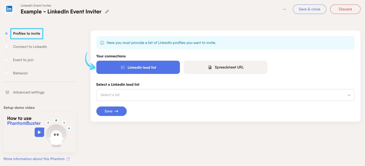 PhantomBuster LinkedIn Event Inviter step 1 choosing which connections to invite