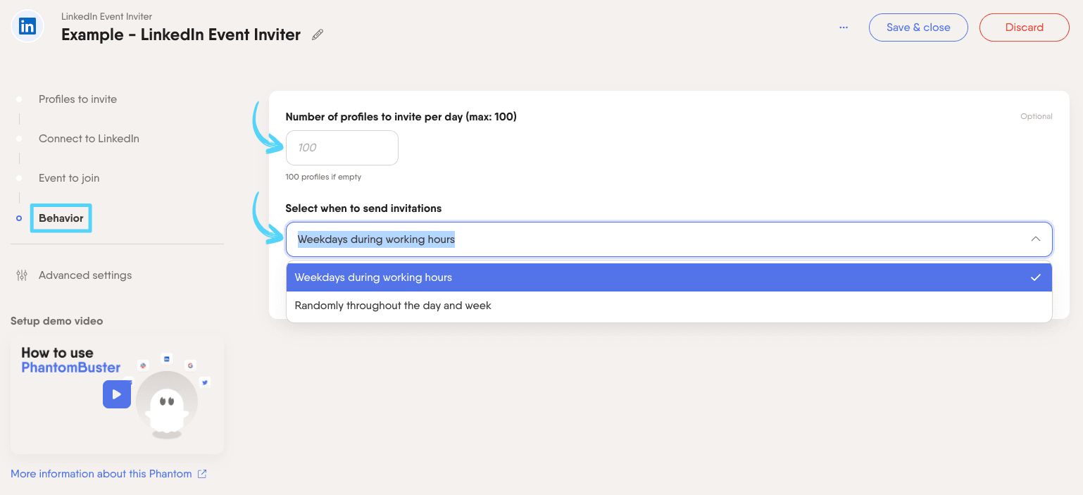 PhantomBuster LinkedIn Event Inviter step 4 configuring behavior