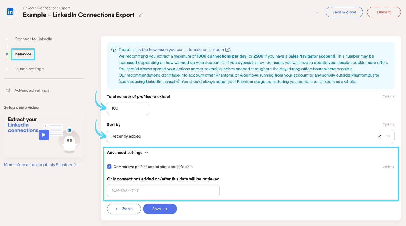 PhantomBuster LinkedIn Connections Export step 2 configuring behavior