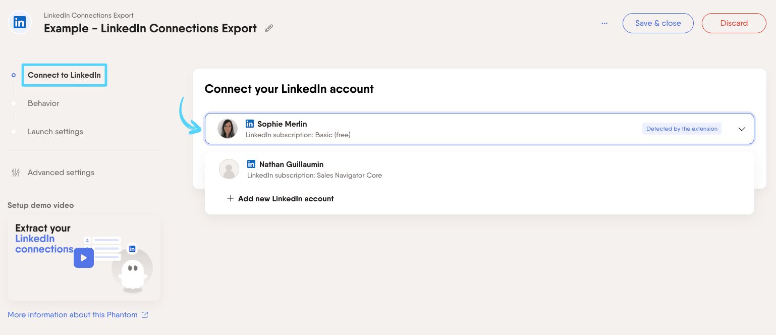 PhantomBuster LinkedIn Connections Export step 1 connecting your LinkedIn account