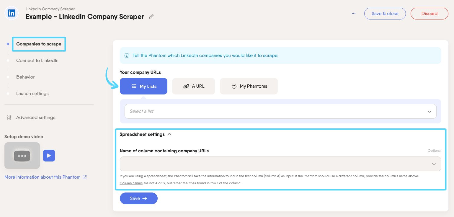 PhantomBuster LinkedIn Company Scraper step 1 choosing which LinkedIn companies to scrape