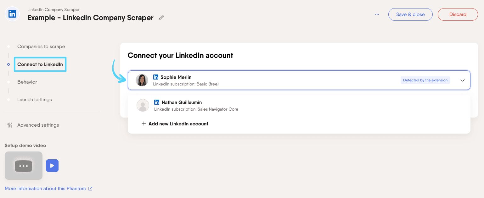 PhantomBuster LinkedIn Company Scraper step 2 connecting your LinkedIn account
