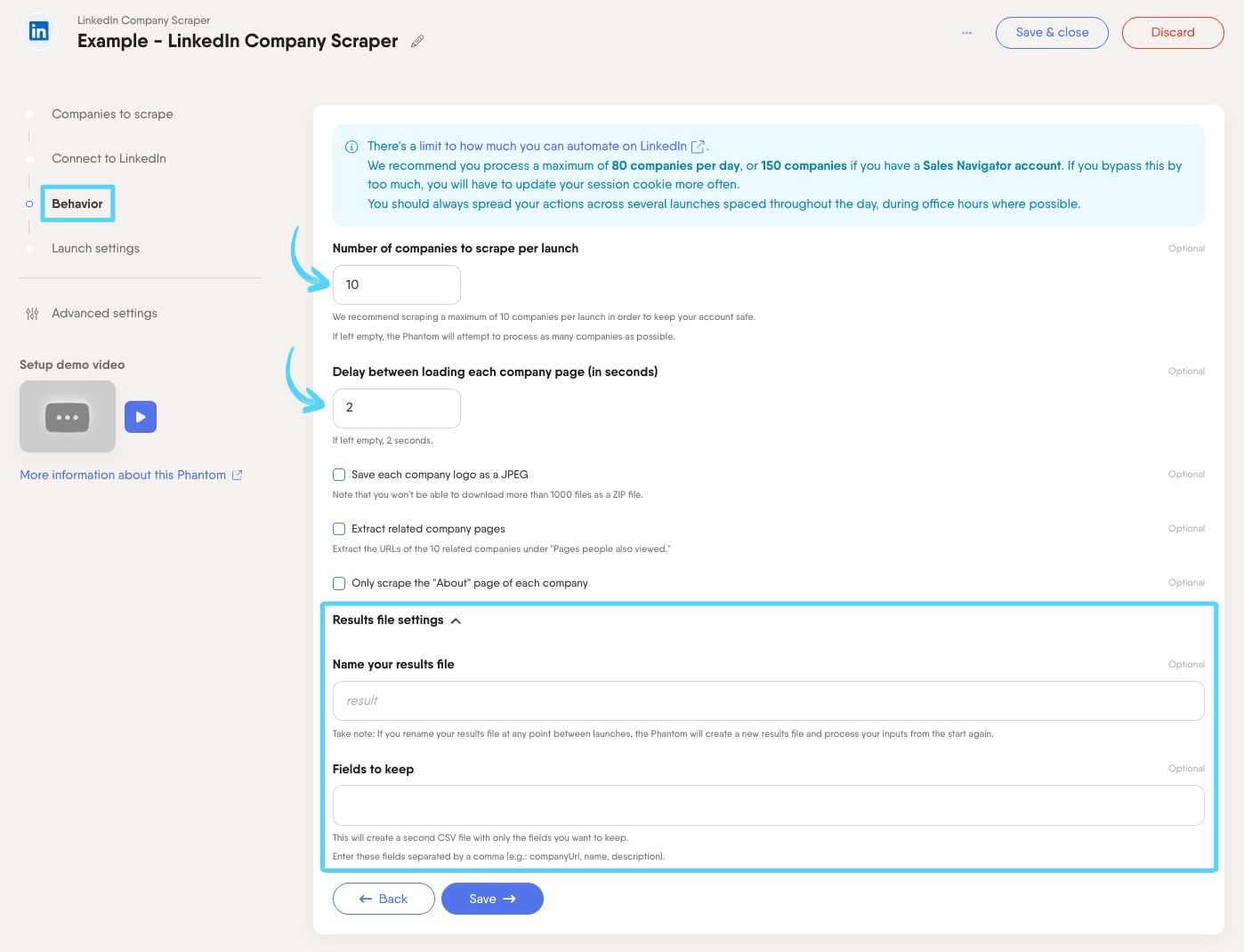 PhantomBuster LinkedIn Company Scraper step 3 configuring Phantom behavior