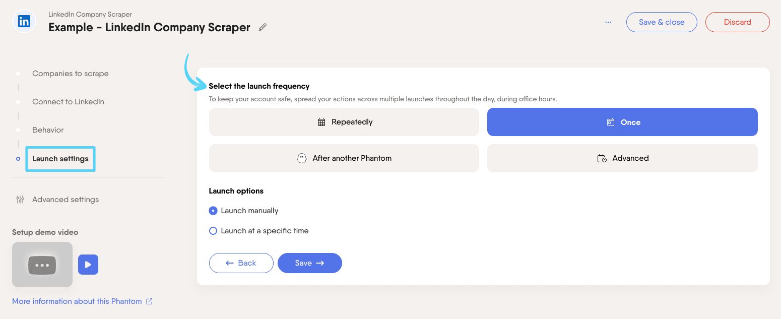 PhantomBuster LinkedIn Company Scraper step 4 selecting launch frequency
