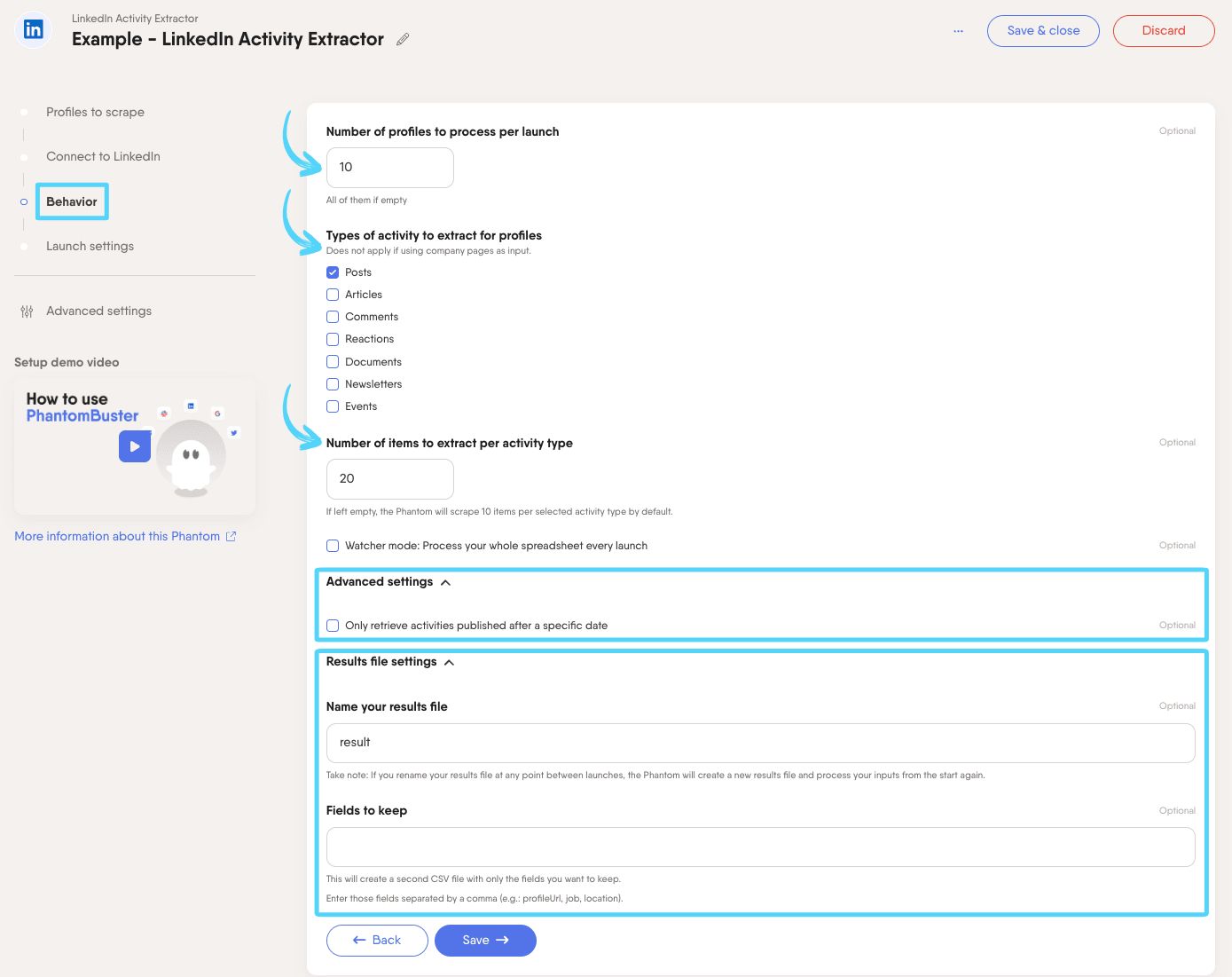 PhantomBuster LinkedIn Activity Extractor step 3 configuring activity extraction behavior