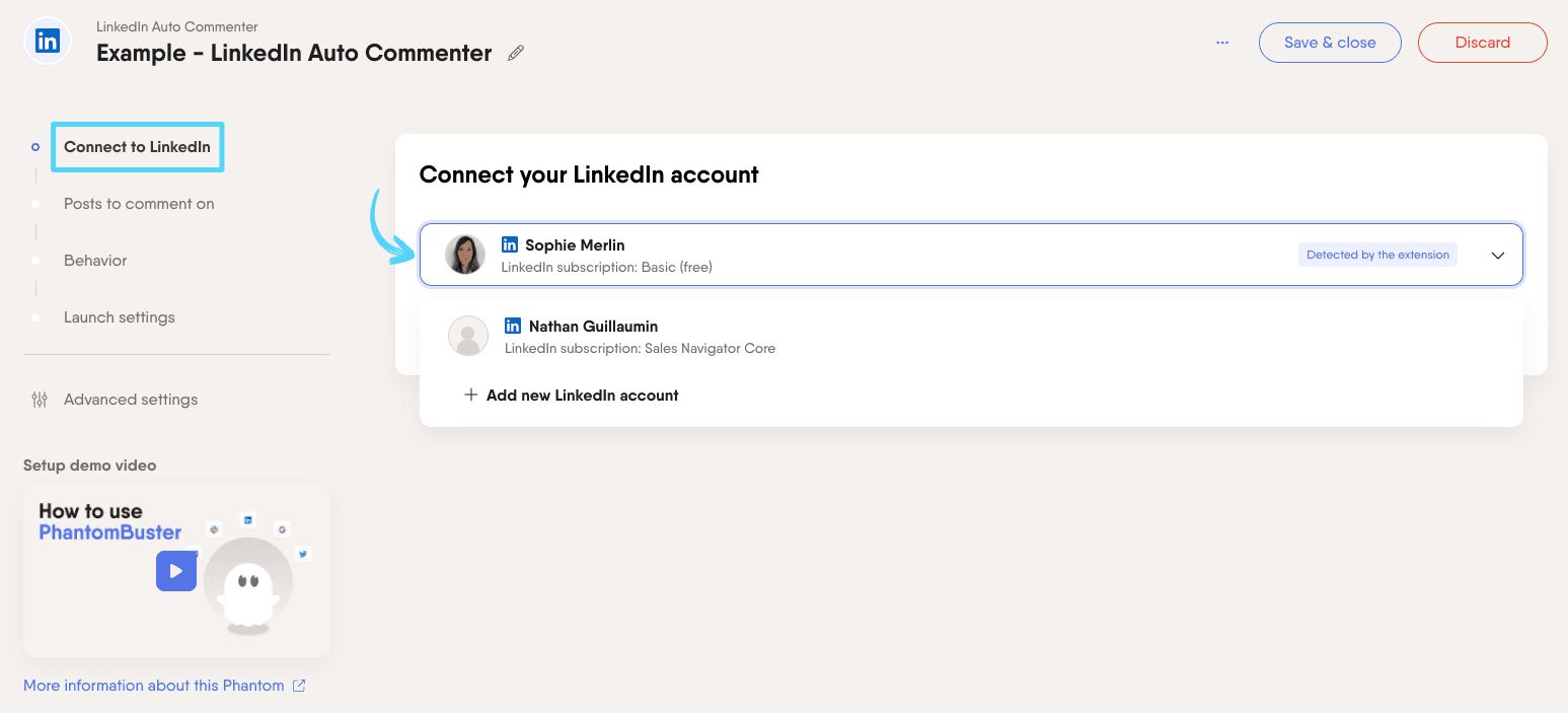PhantomBuster LinkedIn Auto Commenter step 1 connecting your LinkedIn account