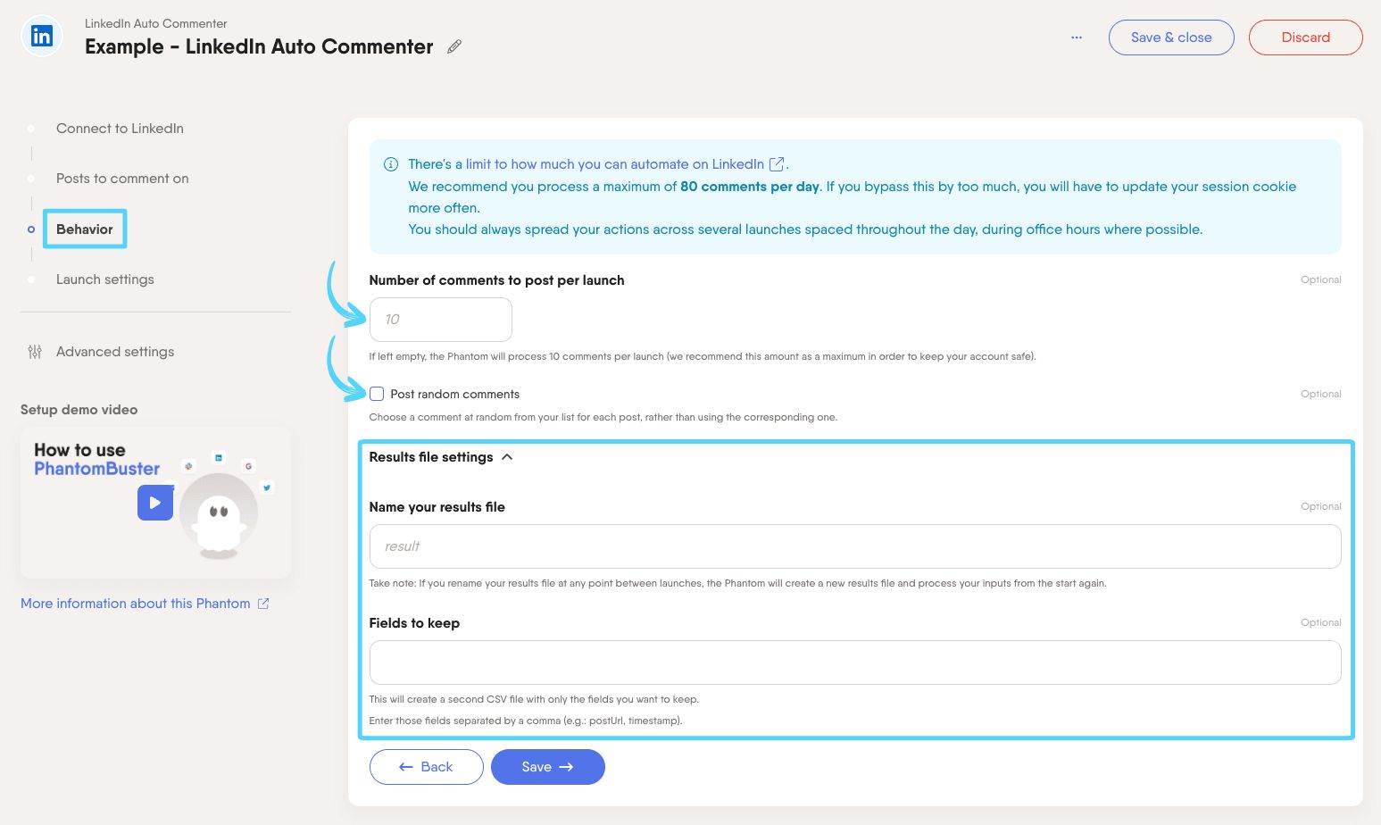 PhantomBuster LinkedIn Auto Commenter step 3 configuring comment behavior