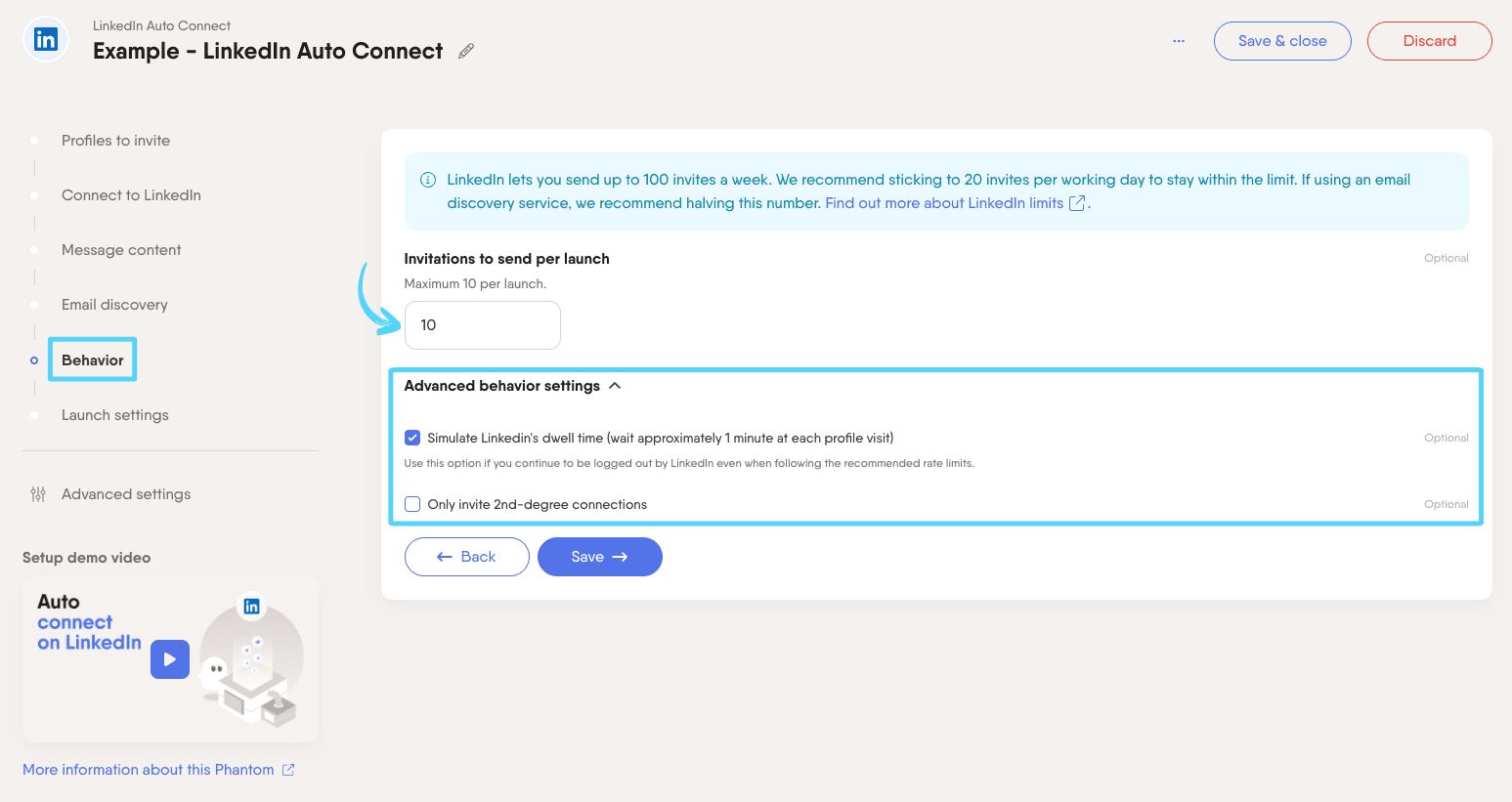 PhantomBuster LinkedIn Auto Connect step 5 configuring connection limits and behavior
