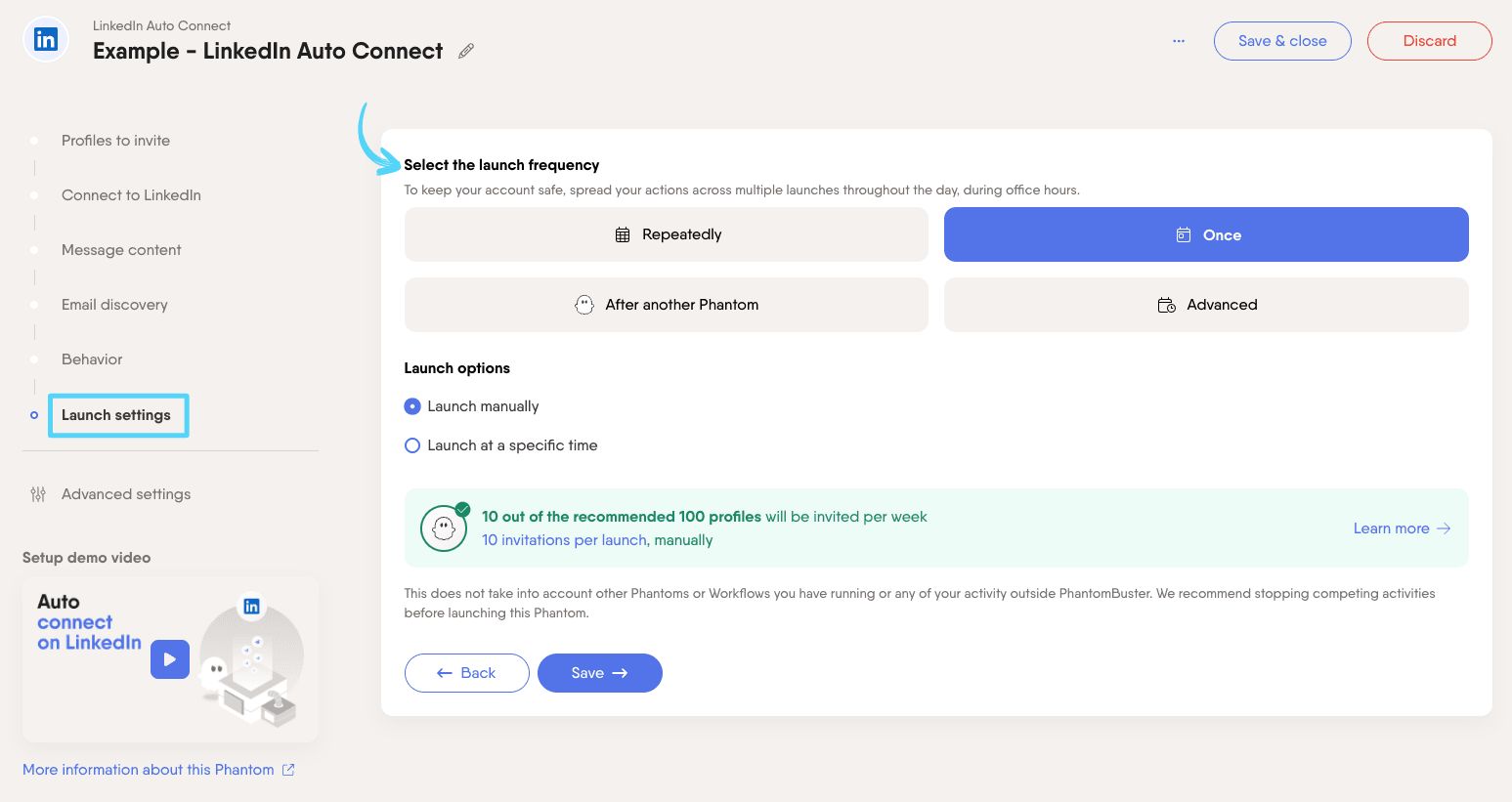 PhantomBuster LinkedIn Auto Connect step 6 selecting launch frequency