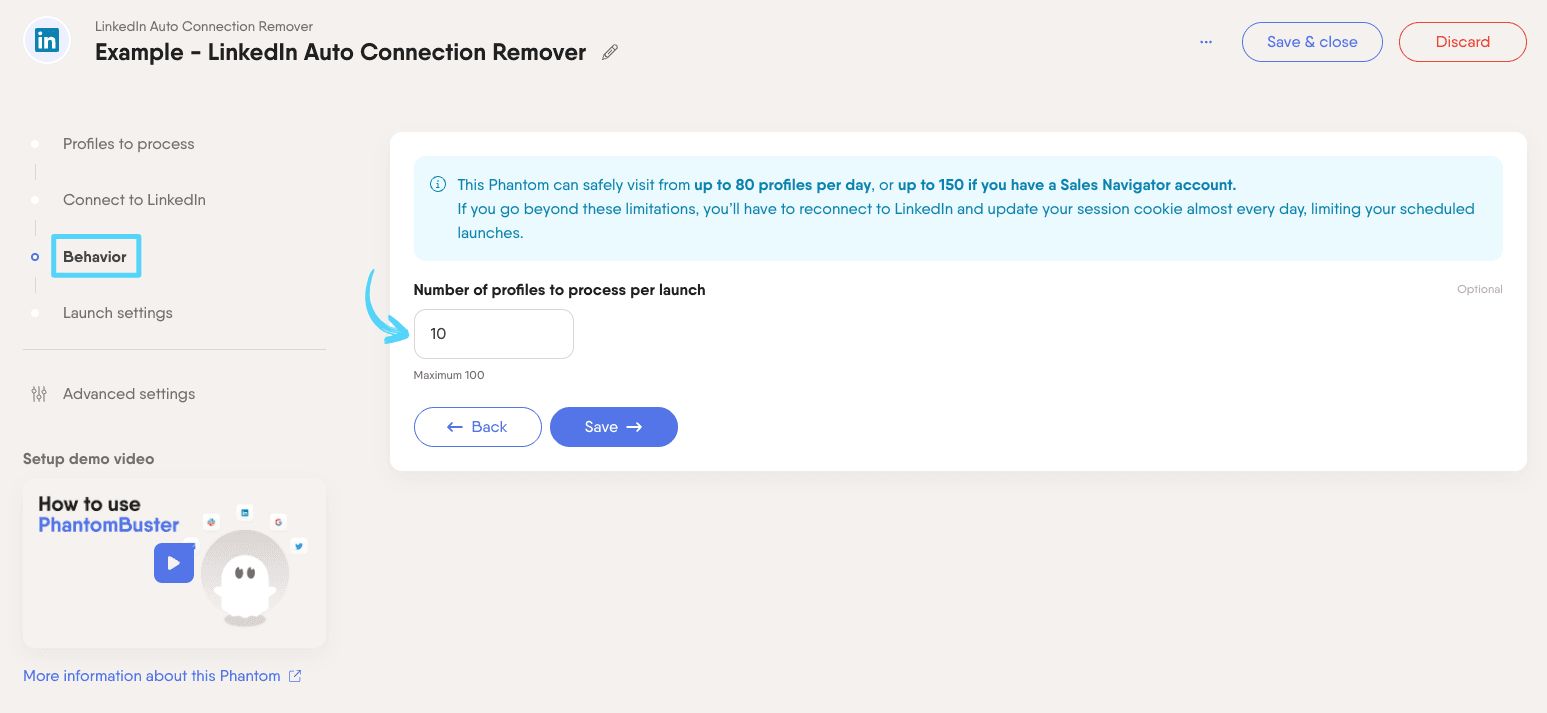 PhantomBuster LinkedIn Auto Connection Remover step 3 setting how many profiles to process per launch