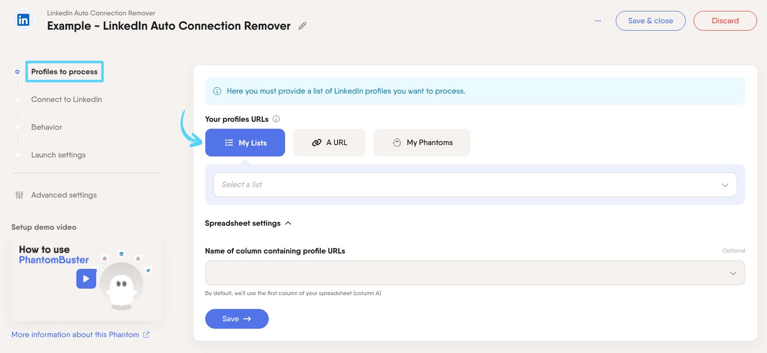 PhantomBuster LinkedIn Auto Connection Remover step 1 choosing which LinkedIn profiles to remove connections from