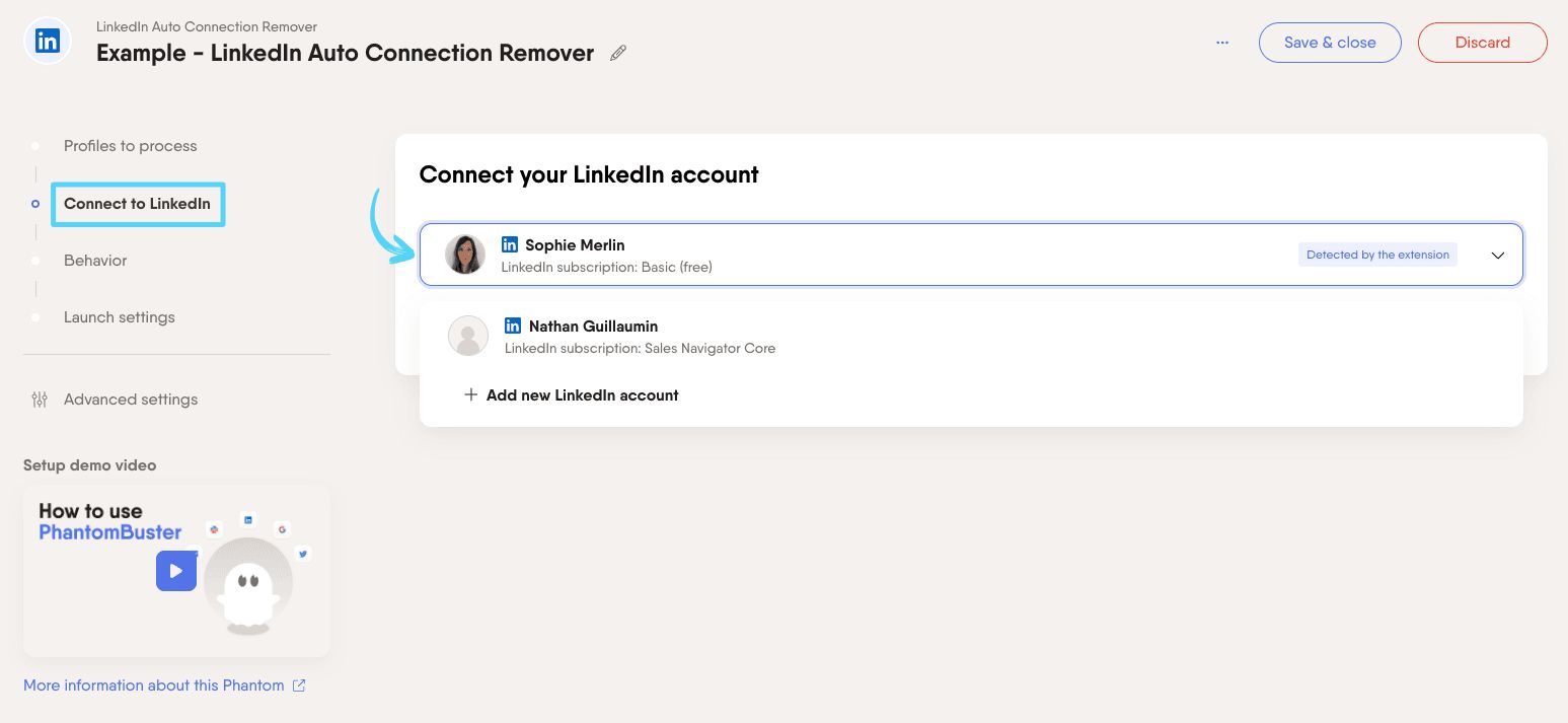 PhantomBuster LinkedIn Auto Connection Remover step 2 connecting your LinkedIn account