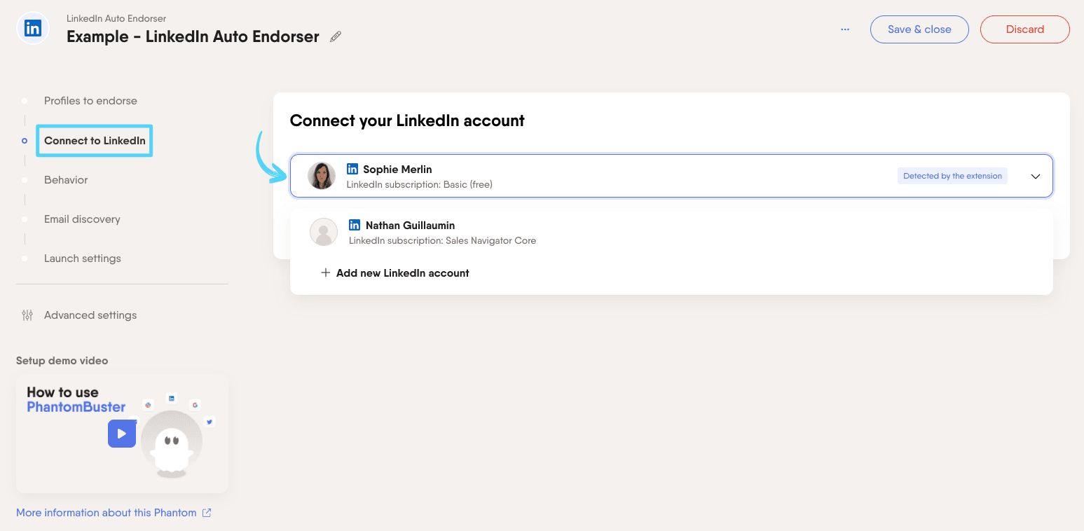 PhantomBuster LinkedIn Auto Endorser step 2 connecting your LinkedIn account