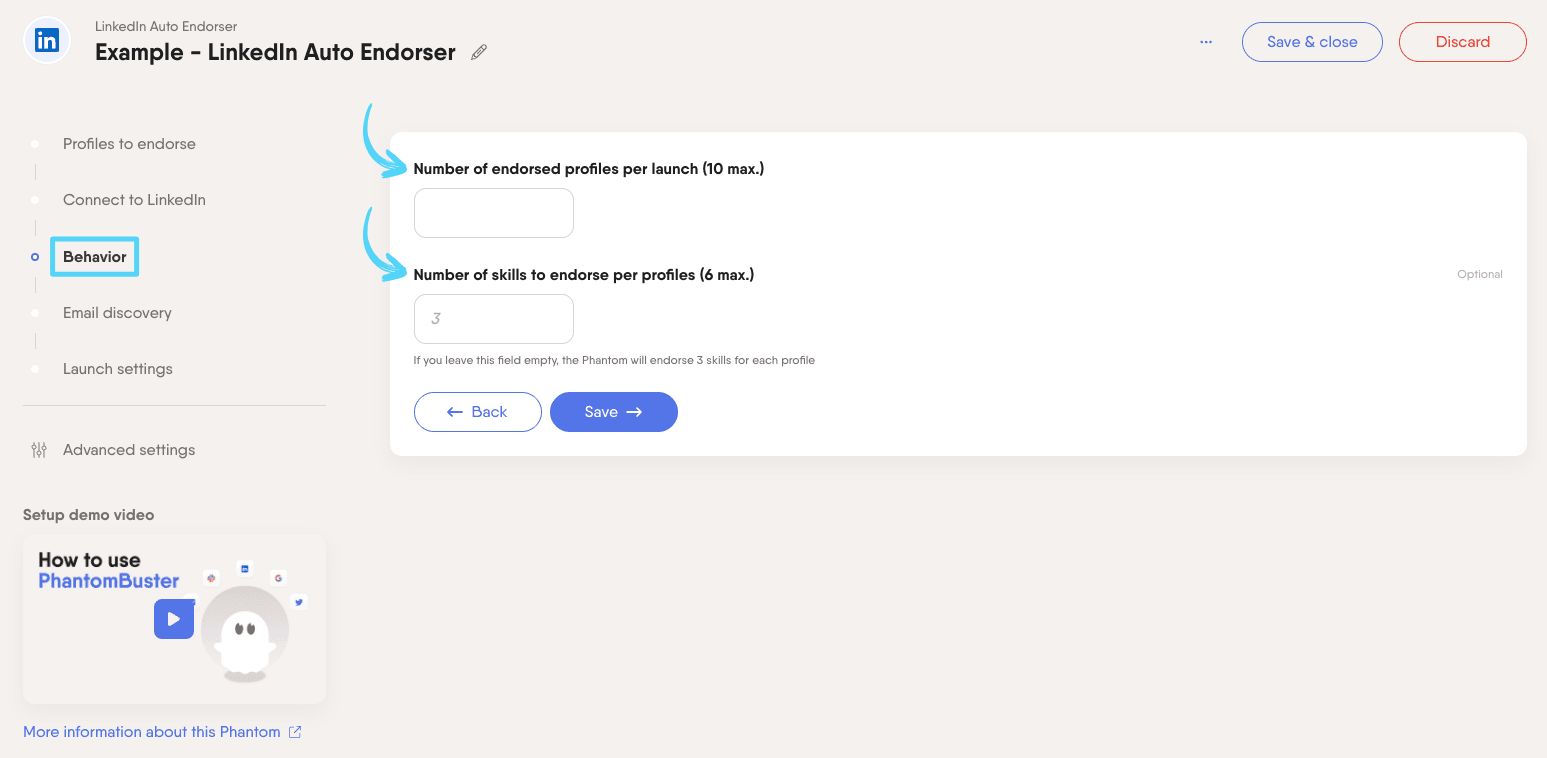 PhantomBuster LinkedIn Auto Endorser step 3 choosing how many profiles and skills to endorse per launch
