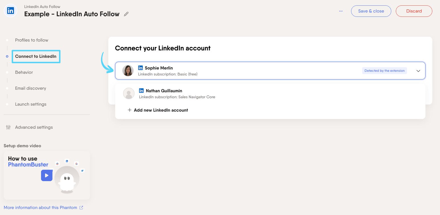 PhantomBuster LinkedIn Auto Follow step 2 connecting your LinkedIn account
