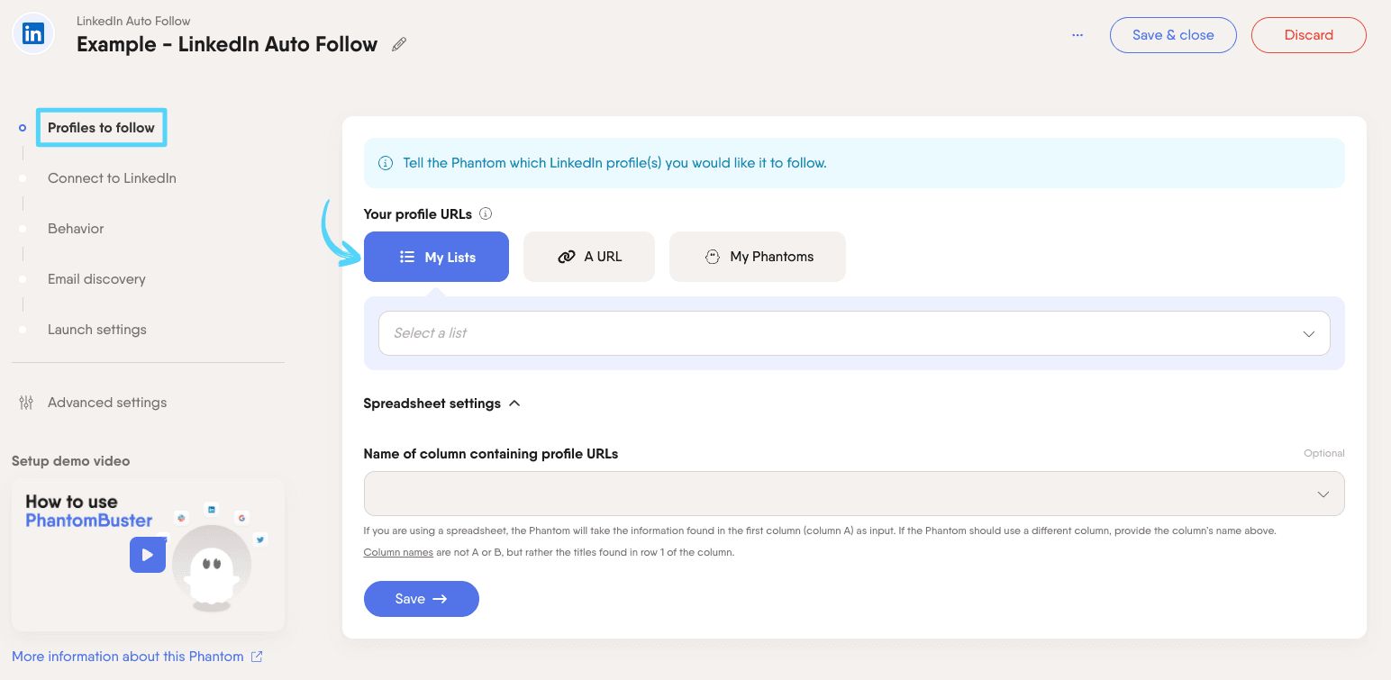 PhantomBuster LinkedIn Auto Follow step 1 choosing which LinkedIn profiles to follow