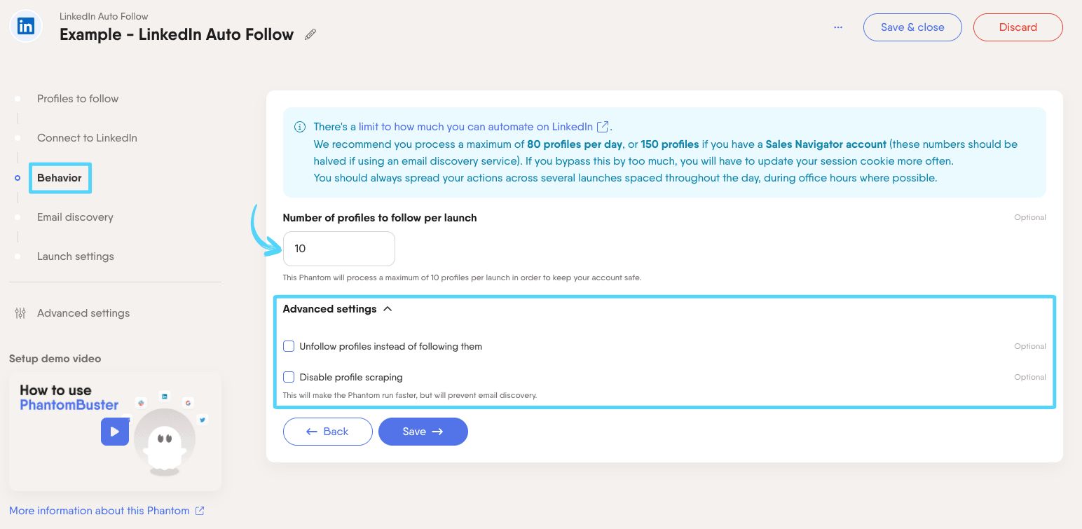 PhantomBuster LinkedIn Auto Follow step 3 choosing how many profiles to process per launch